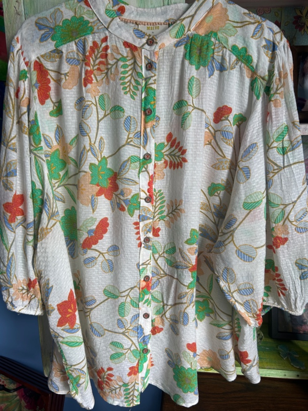 Anthropologie Cream Floral Button-Front Blouse with Green and Orange Accents